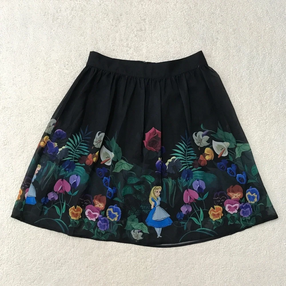 Disney Black Floral Alice in Wonderland A-Line Skirt - Picture 3 of 14